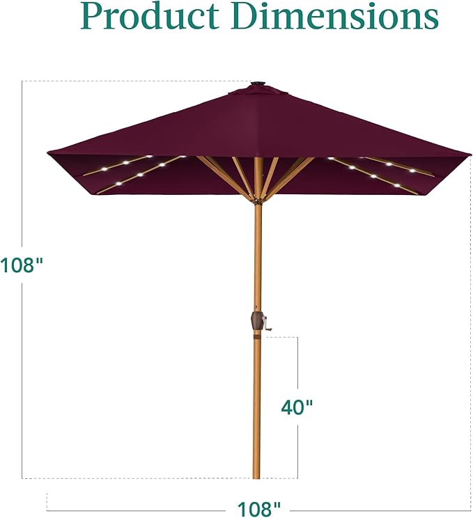 Best Choice Products 9ft Deep Square Solar Powered LED Lighted Patio Umbrella w/Woodgrain Pattern, UV-Resistant Fabric, Hand Crank - Burgundy