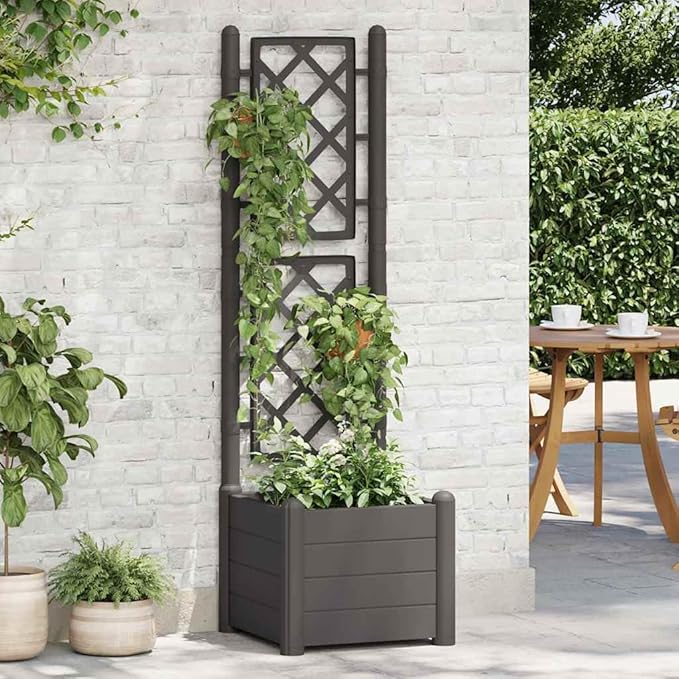 vidaXL Garden Raised Bed with Trellis, Raised Bed for Flowers and Plants, Planter with Drainage Hole, Outdoor and Indoor Use, Anthracite, 16.9"x16.9"x55.9", PP
