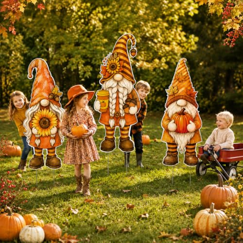 3 Pcs Fall Yard Decoration Autumn Gnome Yard Sign Stakes Outdoor Lawn Decor (Orange Yellow)