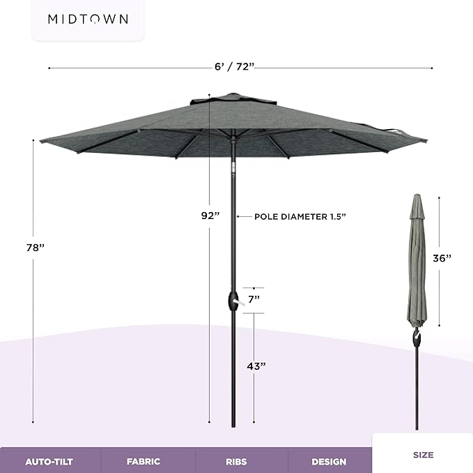 Midtown Umbrellas - 10-Year-No-Fade 6 Ft Patio Umbrella with Terylast Fabric, Auto-Tilt Aluminum Frame and 8 Reinforced Ribs for Deck, Pool, Garden & Beach - Greige Canopy, Black Pole