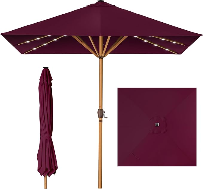 Best Choice Products 9ft Deep Square Solar Powered LED Lighted Patio Umbrella w/Woodgrain Pattern, UV-Resistant Fabric, Hand Crank - Burgundy