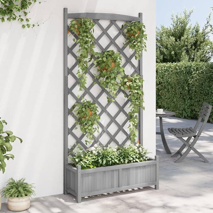Large Wooden Planter with Trellis Grey Rectangular Raised Garden Bed for Climbing Plants Indoor Outdoor Use