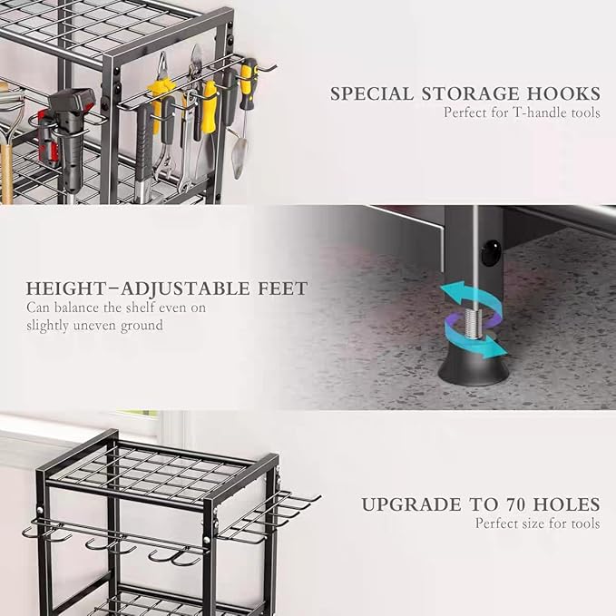 3 Tier Garden Tool Organizer,Garage Storage and Organization,Metal Yard Tools Storage up to 75 Tools,Heavy Duty Garden Tool Organizer Rack for Garage, Shed,Yard, Patio, Indoors and Outdoors