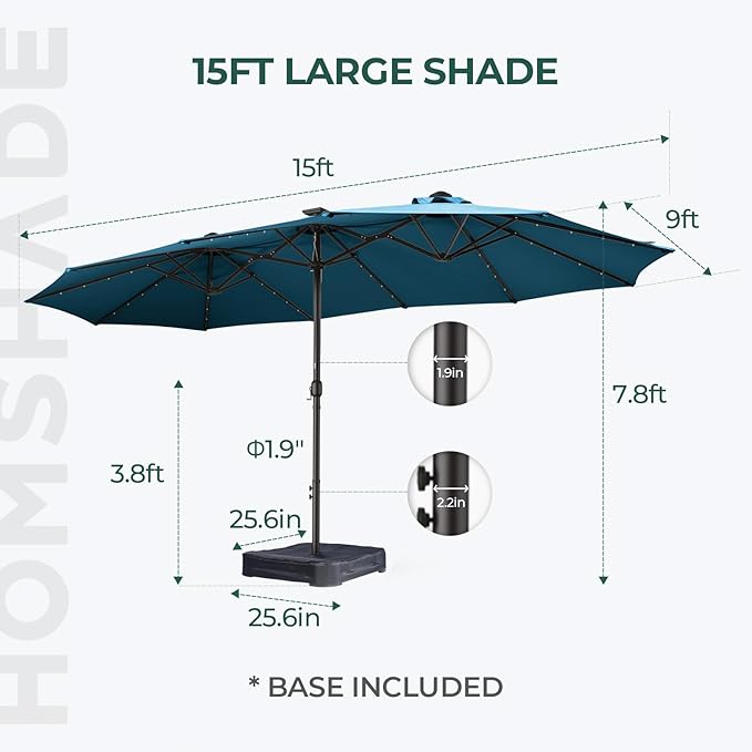 Double Sided Patio Umbrellas - 15ft Solar Lights LED Lighted Outdoor Extra Large Market Table Umbrella with Base Included, Oversized Umbrella for Deck, Pool, Backyard