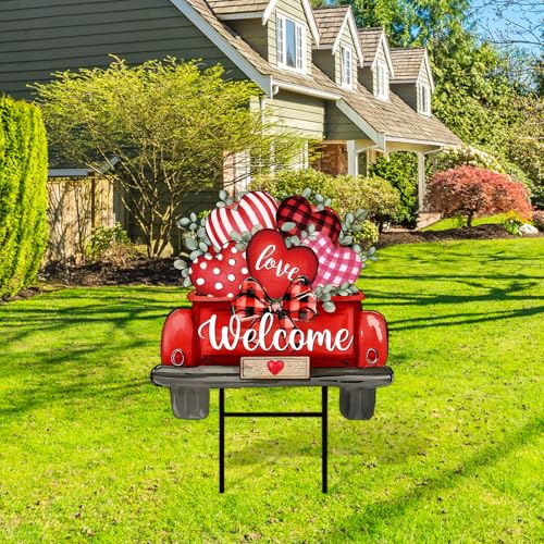 Valentine' s Day Metal Garden Stake Welcome Yard Sign Red Love Heart Truck Decorative Lawn Sign for Wedding Anniversary Home Outside Lawn Porch Walkway Decor (Valentine' s Day Truck)