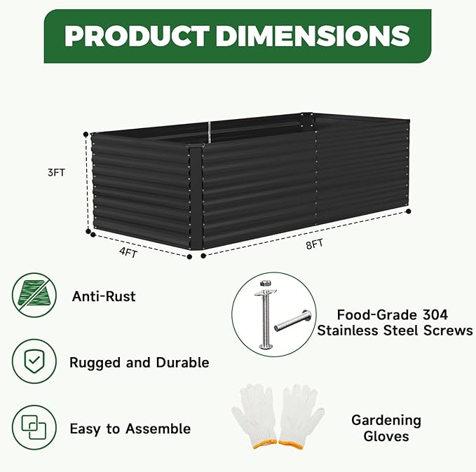 8x4x3 ft Raised Garden Bed, Large Metal Planter Raised Beds, Planters for Outdoor Plants for Vegetables, Flowers, Herbs, Fruits, and Succulents.(2 Pcs, Black)