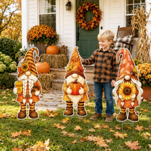 3 Pcs Fall Yard Decoration Autumn Gnome Yard Sign Stakes Outdoor Lawn Decor (Orange Yellow)