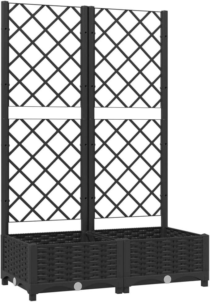 Raised Garden Planter with Trellis Black 31.5"x15.7"x47.8" PP Material Elevated Garden Bed for Outdoor Plants and Flowers, for Climbing Plants Like Tomatoes, Peas, and Roses