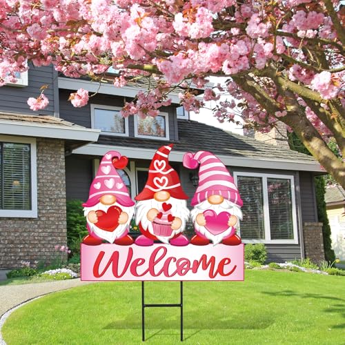 Valentine's Day Metal Garden Stakes Red Pink Heart Gnome Yard Stake Decorative Welcome Lawn Sign for Wedding Anniversary Home Outside Lawn Porch Decor (Valentine's Day)