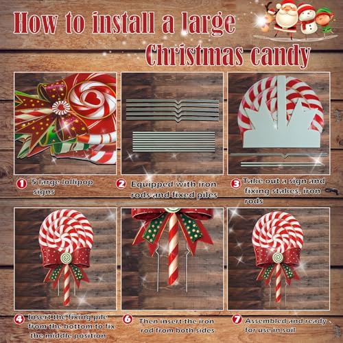 Outdoor Christmas Decorations Jumbo 24 Inch Lollipop Yard Signs 5ct with 20 Stakes 10 Fiberglass and 10 Metal Waterproof Holiday Christmas Decorations for and Garden Waterproof (Red)