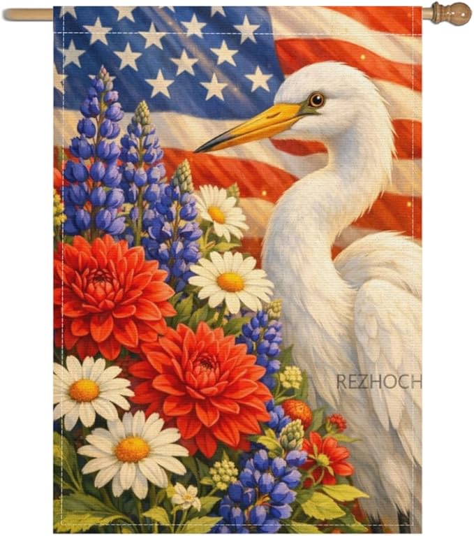 Patriotic Egret Garden Flag 28x40 Inch,USA Flag Floral Animal Outdoor Yard Red White Blue Decor,Double Sided Seasonal Lawn Porch Farm Independence Day Holiday Gift