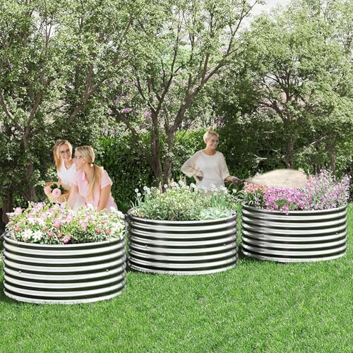 5 Pack 3x3FT Round Corrugated Galvanized Steel Raised Garden Bed Outdoor (Silver / 3x3FTx10inch)