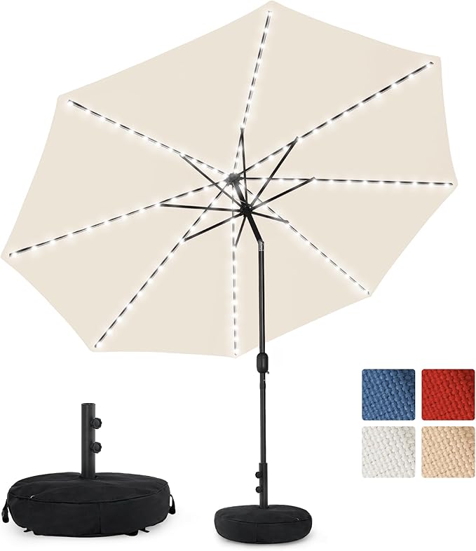Sundale Outdoor Olefin 5-Year-Non-Fading Solar 104 LED 11FT Solar Patio Umbrella with Sand Bag Base, Outdoor Umbrella with Tilt and Crank, Beige