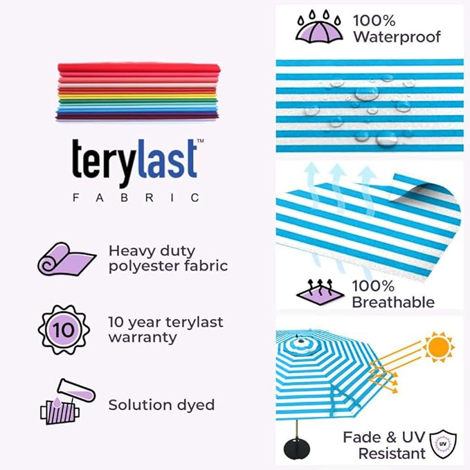 The Swilt 9 Feet Outdoor Umbrella With Terylast Cobalt Stripes (Blue/White) Polyester Fabric - Fiberglass Ribs, Auto-Tilt And Swivel Aluminum Frame Patio Umbrella For Deck, Garden, Pool - Black Pole