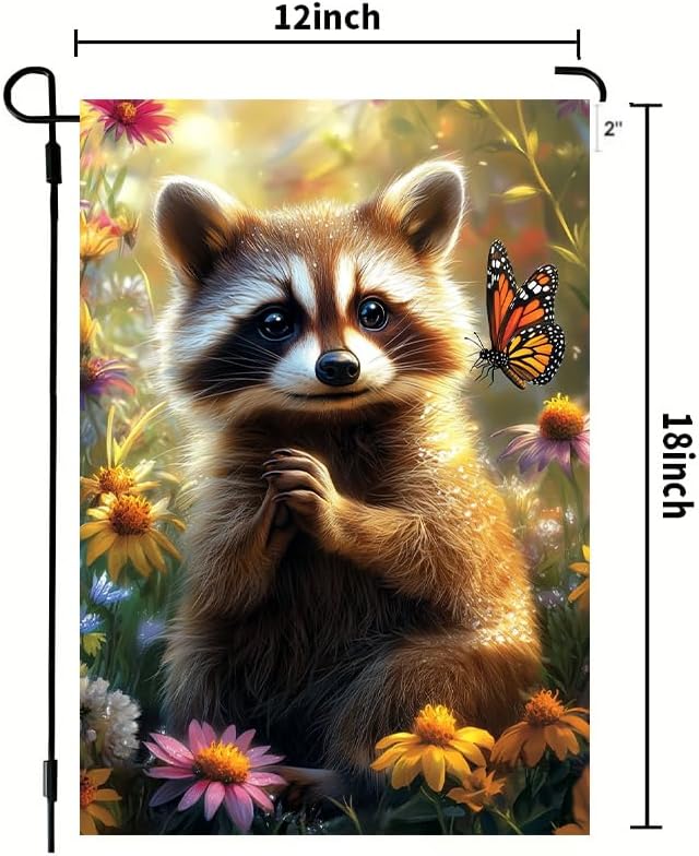 Spring Summer Raccoon Garden Flag 12x18 Double Sided, Small Burlap Seasonal Floral Butterfly Garden Flags Spring Summer Outdoor Yard Decorations for Outside Lawn Décor