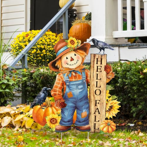 Fall Yard Sign Scarecrow Pumpkin Flower Metal Garden Stakes Hello Fall Lawn Ornaments Seasonal Harvest Decoration for Autumn Thanksgiving Outdoor Porch Patio Garden