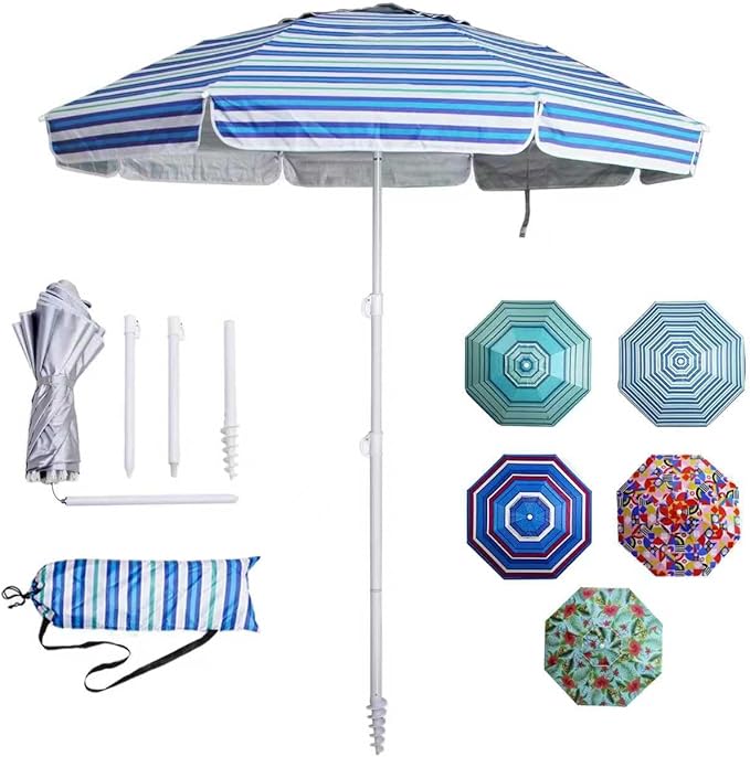 6.5ft Beach Umbrella - Heavy Duty Wind Resistant UV 50+ Portable Sun Shade with Sand Anchor & Carry Bag, Outdoor Folding Umbrella for Beach, Pool, Patio, Garden (Blue diagonal strip)
