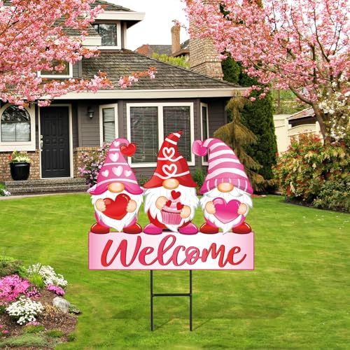 Valentine's Day Metal Garden Stakes Red Pink Heart Gnome Yard Stake Decorative Welcome Lawn Sign for Wedding Anniversary Home Outside Lawn Porch Decor (Valentine's Day)