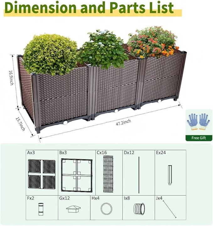 Emalie Deep Raised Garden Beds Large Plastic Planter Box with Drainage Plugs for Veggies Flowers Herbs Deep Root Plants Growing, 47.2" Lx15.7 Wx16.9 H Brown