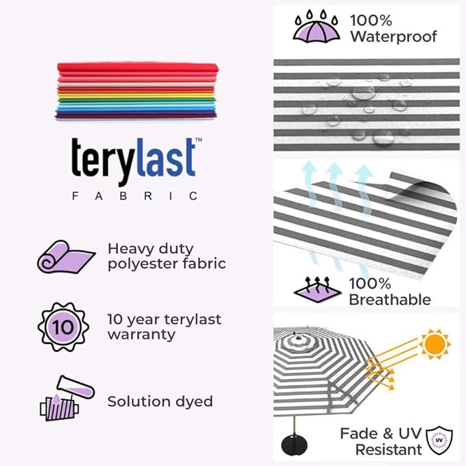 The Swilt 9 Feet Outdoor Umbrella With Terylast Matter Stripes (Grey/White) Polyester Fabric - Fiberglass Ribs, Auto-Tilt And Swivel Aluminum Frame Patio Umbrella For Deck, Garden, Pool - Black Pole
