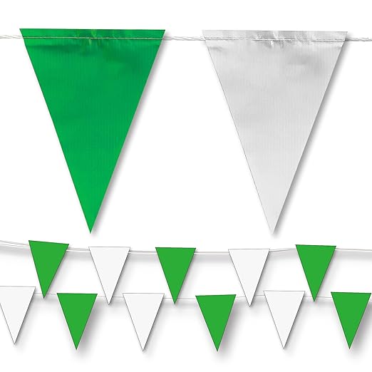 Green & White Pennant Banner Flags | OSHA 500lb Rated | Strand Fade Resistant 【408FT】