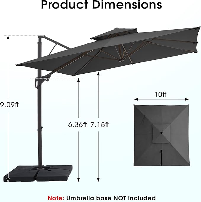 JEAREY 10ft Cantilever Patio Umbrella Outdoor Square Large Offset Umbrella Double Top Roating Heavy Duty Sun Umbrella for Patio Lawn Garden Backyard and Pool,Gray