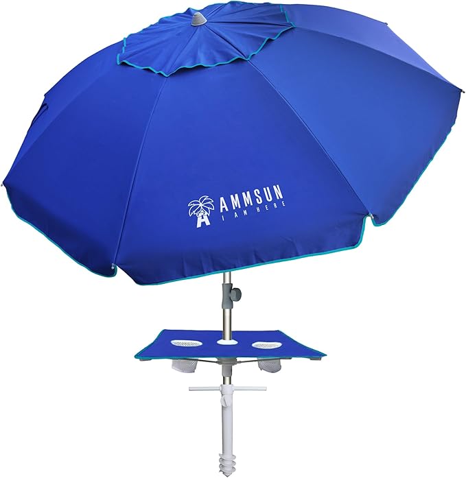 AMMSUN 7ft Heavy Duty High Wind Beach Umbrella with sand anchor, Built-in Table Tray Vent Tilt Pole, UPF 50+ Windproof Portable Outdoor Umbrellas Carry Bag for Patio Garden Pool Backyard Navy