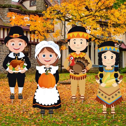 4 Pcs Large Thanksgiving Pilgrim Boy and Girl and Native American Boy and Girl Yard Sign Decor with Stakes Waterproof Outdoor Garden Pumpkin Turkey Yard Stake Autumn Lawn Decor