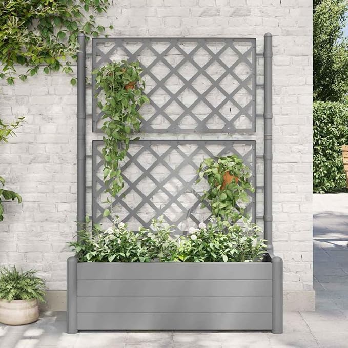 vidaXL Garden Raised Bed with Trellis, Raised Bed for Flowers and Plants, Planter with Drainage Hole, Outdoor and Indoor Use, Grey, 39.4"x16.9"x55.9" Plastic