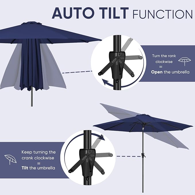 Tempera Patio Market Outdoor Table Umbrella with Auto Tilt and Crank, Large Sun Umbrella with Sturdy Pole & Fade Resistant Canopy, Easy to Set