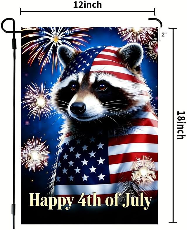 Happy 4th of July Raccoon Garden Flag 12x18 Double Sided, Small Burlap Holiday Independence Day Memorial Day Patriotic Yard Flags for Outside Fourth of July Decoration Outdoor Garden Décor