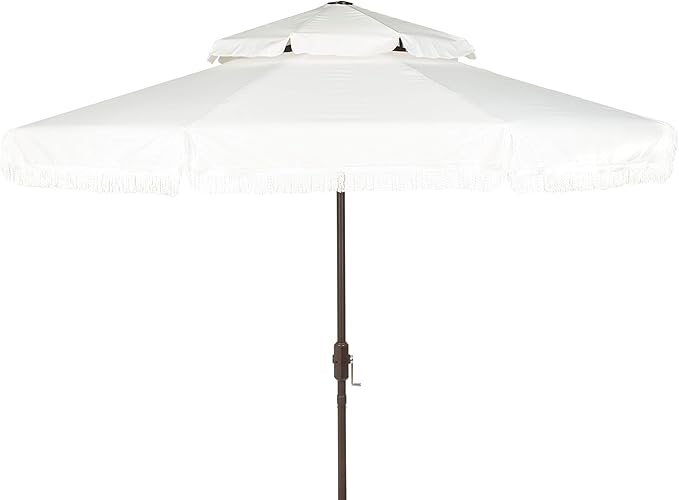 SAFAVIEH 9ft Outdoor Patio Umbrella, Round, Double Top, Milan Fringe, Ivory, Crank, Button Tilt, UV Resistant for Deck, Backyard, Poolside (PAT8208C)