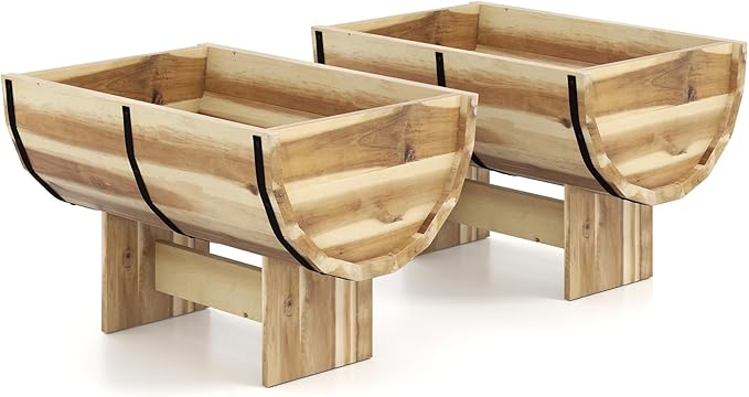 S AFSTAR 2 Pieces Acacia Wood Raised Garden Beds, Half-Barrel Planter Box with Legs, Drainage Gaps & Metal Bands, Rustic Plant Box Decorative Elevated Flower Pot for Indoor & Outdoor