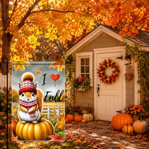 I Love Fall Garden Flag Squirrel Pumpkin Decor 12x18 Inch (Squirrel)