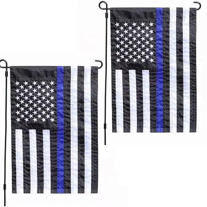 2 Pack Thin Blue Line American Garden Flag 12x18 Inch - Embroidered Stars Double Edge Sewing, Black White and Blue Police Flag to Honor Law Enforcement Officers