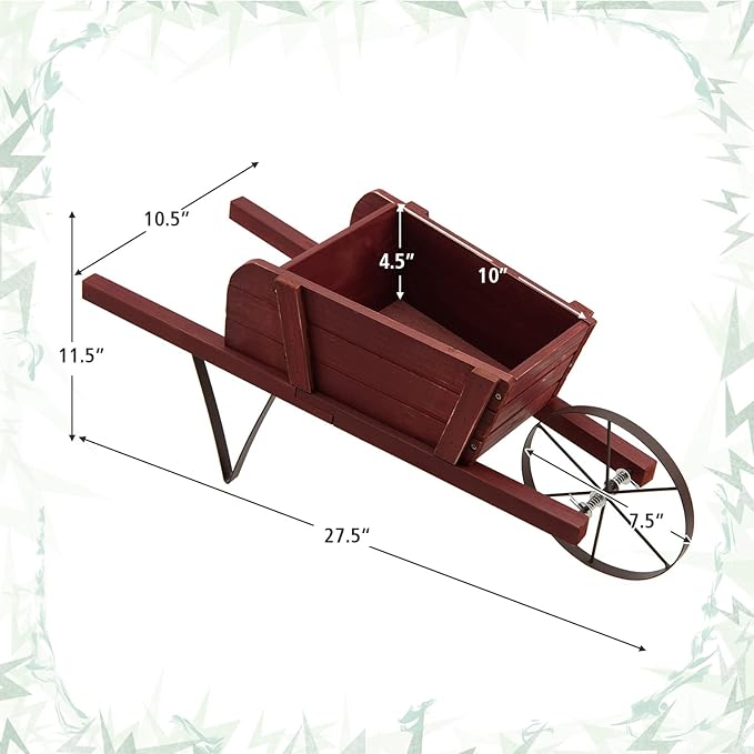 Giantex Wood Wagon Planter, Small Wheelbarrow Wagon Cart, Indoor & Outdoor Decorative Raised Bed W/ 9 Magnetic Accessories, Flower Pot Wheelbarrow Cart for Garden Backyard (Red)