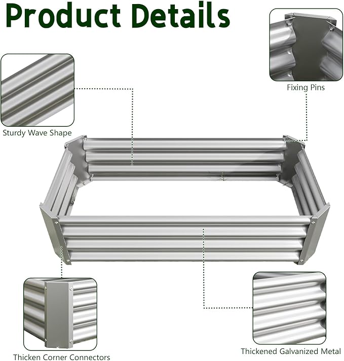 Metal Raised Garden Bed Outdoor Galvanized Raised Garden Bed 4×2×1ft Rectangle Planter Raised Beds Raised Planter Box for Gardening Vegetables Flowers and Herbs, Silver