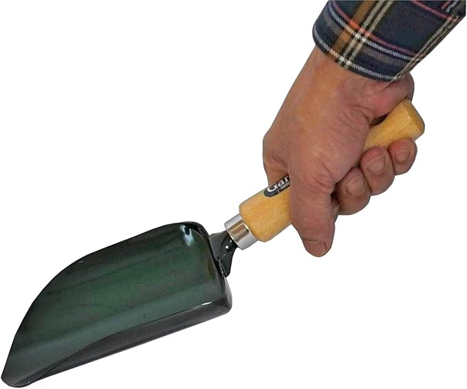 Garden Helper Soil Scoop Garden Tool, Large Loose Soil Scooper Tool for Transplanting and Gardening, Heavy Duty Japanese Steel Balde, Wood Handle, Made in Japan