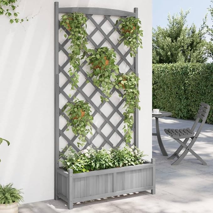 Large Wooden Planter with Trellis Grey Rectangular Raised Garden Bed for Climbing Plants Indoor Outdoor Use