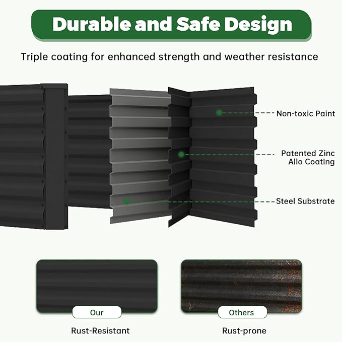 8x4x3 ft Raised Garden Bed, Large Metal Planter Raised Beds, Planters for Outdoor Plants for Vegetables, Flowers, Herbs, Fruits, and Succulents.(2 Pcs, Black)