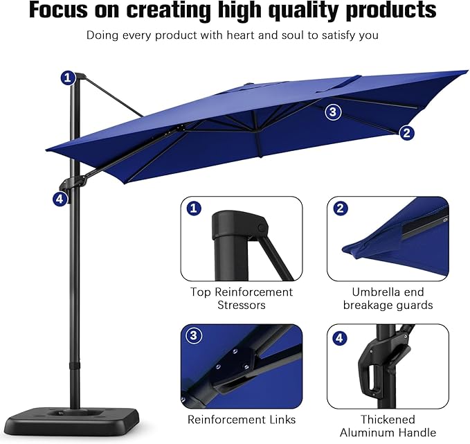 Hoteel 10ft Patio Umbrella Heavy Duty Aluminum Windproof & Shade Provision Outdoor Cantilever Square Offset Large Umbrella Height Adjustable with 360°Rotation for Patio Pool Deck Gazebo, Dark Blue