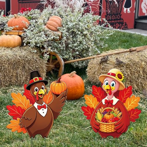 2 Pack Thansgiving Turkey Garden Stakes Metal Turkey Pumpkin Fall Yard Sign for Autumn Harvest Thanksgiving Outdoor Party Decorations (Thansgiving)