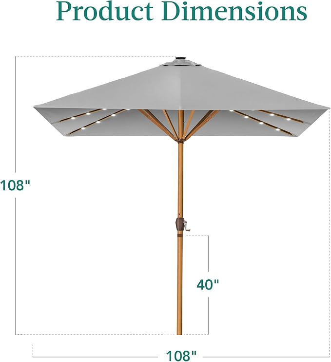 Best Choice Products 9ft Deep Square Solar Powered LED Lighted Patio Umbrella w/Woodgrain Pattern, UV-Resistant Fabric, Hand Crank - Fog Gray