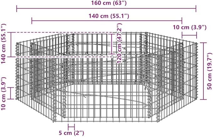 Gabion Raised Bed, Silver Galvanized Steel, 63x55.1x19.7 in, Hexagonal Outdoor Planter for Garden Plants, High Capacity