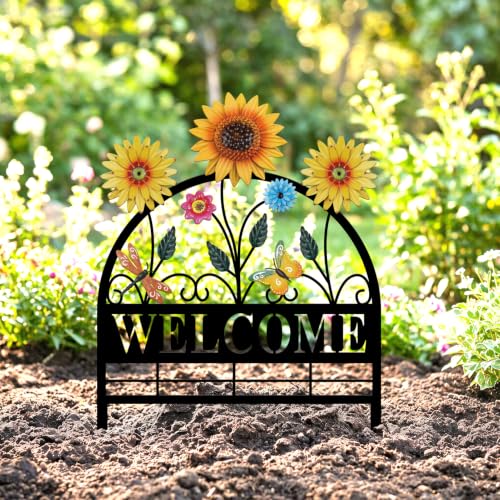 4 Pack Sunflower Garden Fence Metal Butterfly Flower Design (Sunflower)