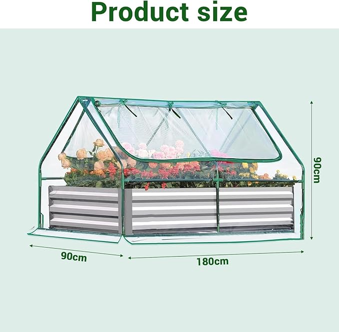 Raised Garden Bed with Cover Outdoor, Galvanized Metal Planter Box with PE Cover, 2 Large Screen Windows, 6x3x3 FT 3-in-1 Gardening Set with 1 Pair of Gloves for Vegetable Flower Herb Succulent Clear