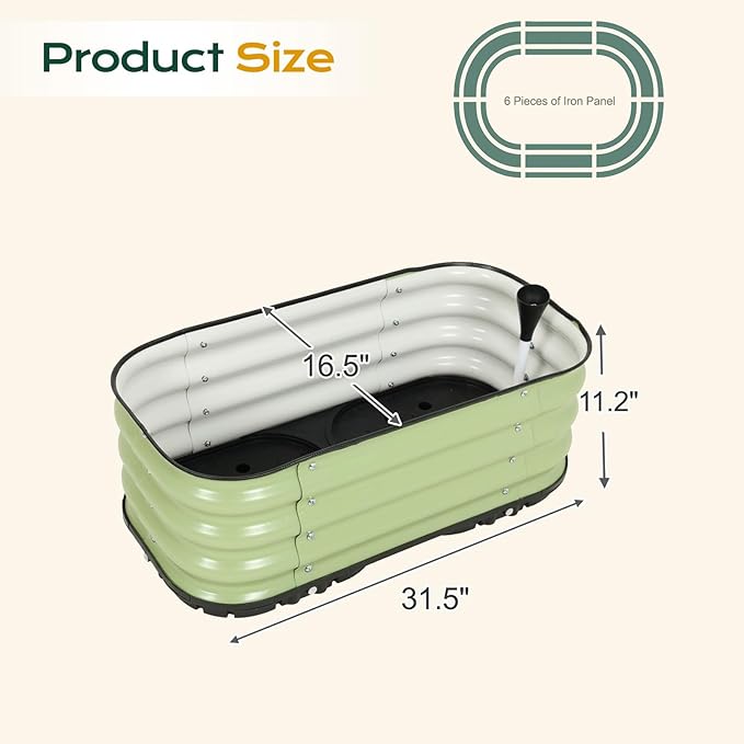 Aoodor Galvanized Raised Garden Bed 31.5'' Self-Watering Planter Box with Drainage Plug and Water Reservoir for Indoor & Outdoor Gardening, Self-Watering Pot for Balcony, Patio, Backyard, Green