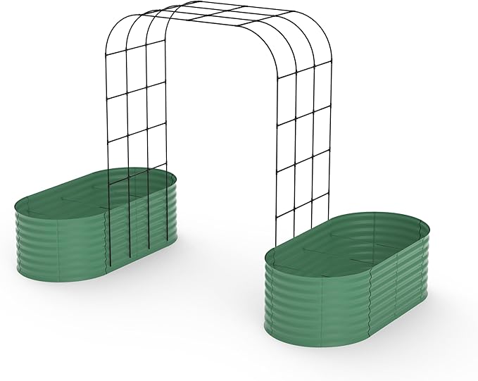 Galvanized Raised Garden Bed with 96 in Tall Vertical Arch Trellis – Expandable Rust-Resistant Planter Box for Outdoor Plants, Flowers, Herbs & Vines – Includes Plant Clips, Drainage Netting,Green