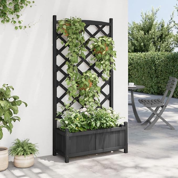 Raised Planter Box with Trellis Black Solid Fir Wood Large Elevated Garden Bed for Climbing Plants Outdoor Indoor Gardening