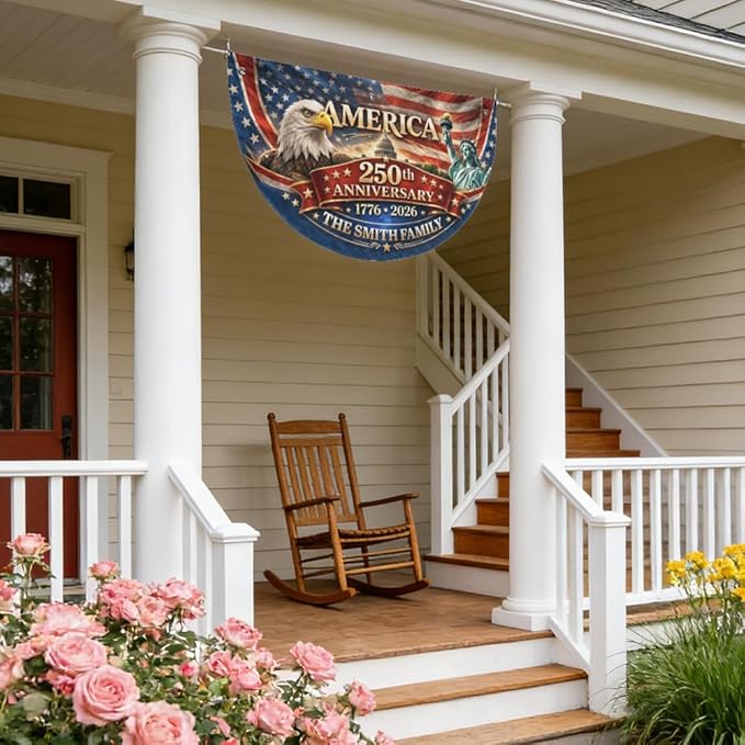 Personalized USA 250th Anniversary Bunting Flag 1776-2026, Custom Family Name Patriotic America Bunting, Non-Pleated Fan Flag for Porch, Wall, Fence, Outdoor 4th of July Decor